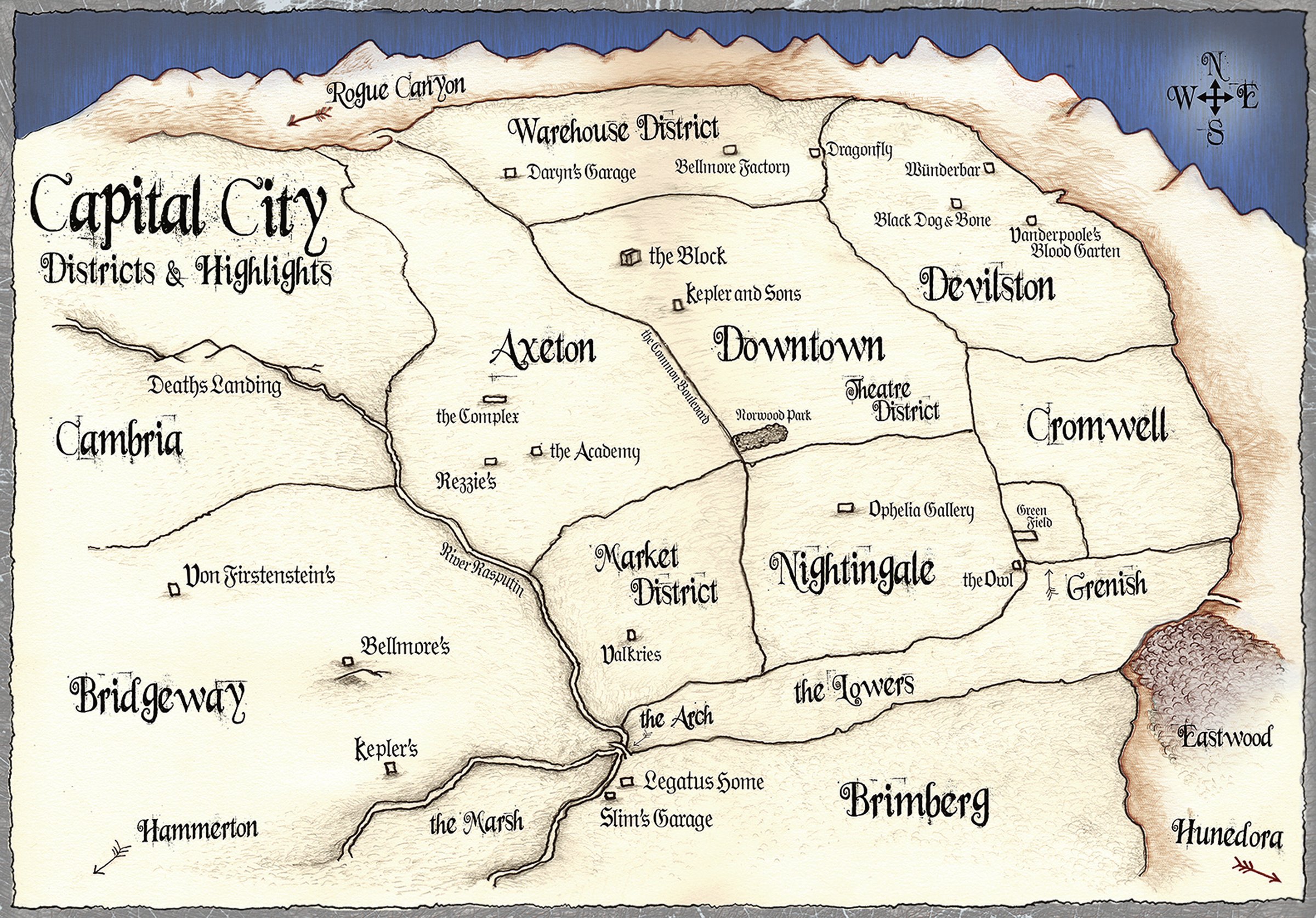 Hand-drawn map of Capital City and its districts